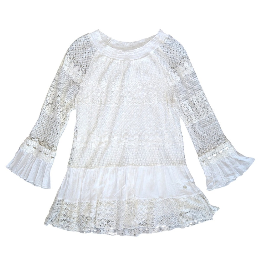 Point Zero Medium White Boho Crochet Long Sleeve Off The Shoulder Mini Dress